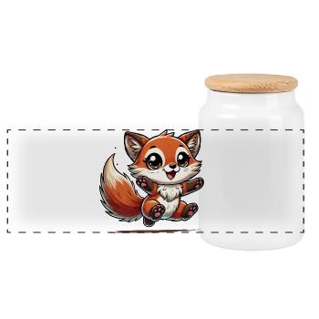 fröhlicher Cartoon Fuchs, der vergnügt springt - Panorama Keksdose mit Holzdeckel - Weiß - Vorne