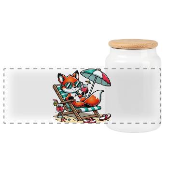 fröhlicher Cartoon-Fuchs am Strand auf einer Liege - Panorama Keksdose mit Holzdeckel - Weiß - Vorne