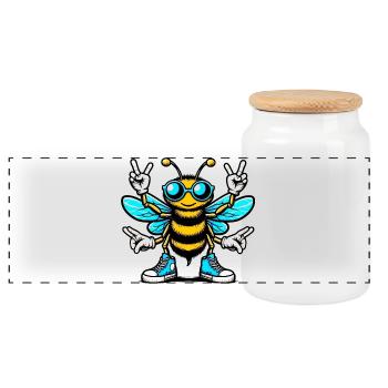 Bee with Sunglasses - Panoramic Cookie Jar with Wooden Lid - white - Front