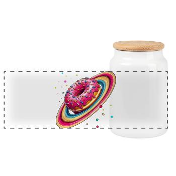 A donut with colorful sprinkles as planet Saturn - Panoramic Cookie Jar with Wooden Lid - white - Front
