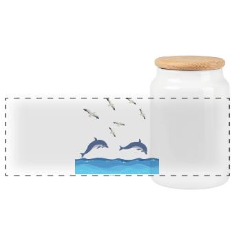 Dolphins Leap Over Azure Waves - Panoramic Cookie Jar with Wooden Lid - white - Front