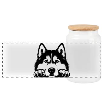 Husky Kopf mit Pfoten - Panorama Keksdose mit Holzdeckel - Weiß - Vorne