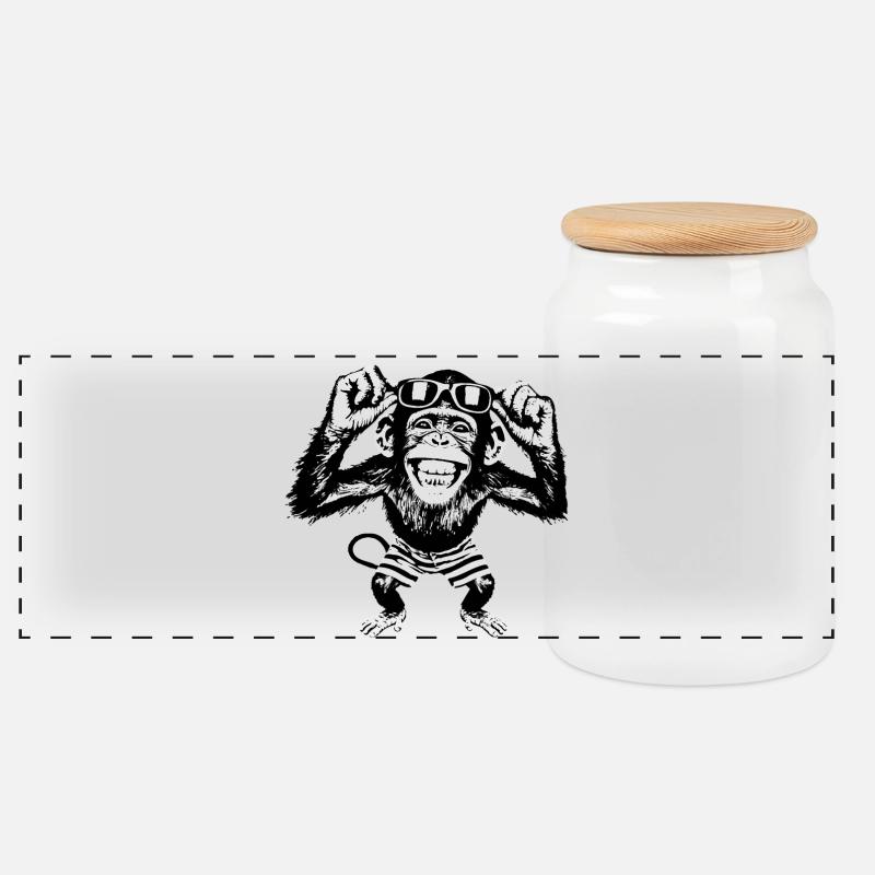 Grinsender Affe mit Sonnenbrille - Panorama Keksdose mit Holzdeckel - Weiß
