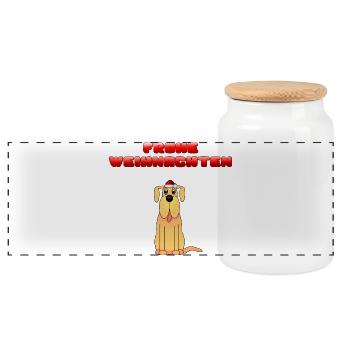 Merry Christmas Dog with Santa Hat - Panoramic Cookie Jar with Wooden Lid - white - Front