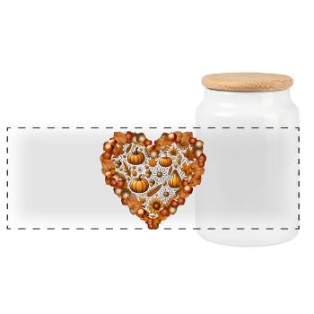 Heart, filled with pumpkins, leaves, nuts and flowers - Panoramic Cookie Jar with Wooden Lid - white - Front