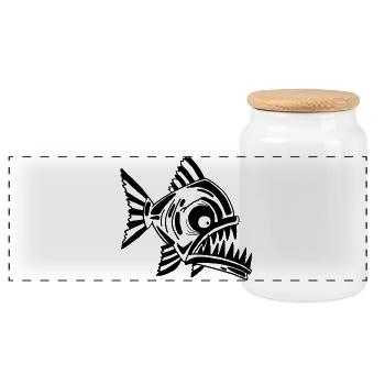 Carnivorous black fish - Panoramic Cookie Jar with Wooden Lid - white - Front