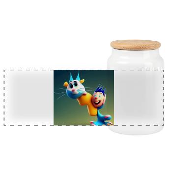 Autistic Art - I Love My Blue Cat - Panoramic Cookie Jar with Wooden Lid - white - Front