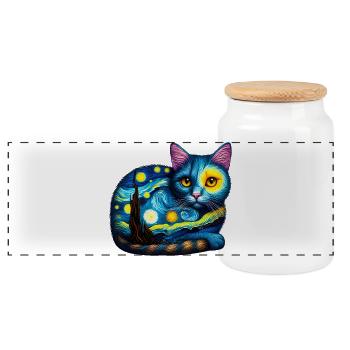 Cat - Panoramic Cookie Jar with Wooden Lid - white - Front