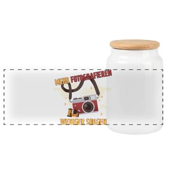 Mehr fotografieren - Weniger Sorgen - Panorama Keksdose mit Holzdeckel - Weiß - Vorne