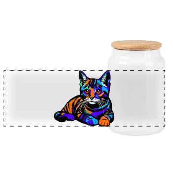 Cat - Panoramic Cookie Jar with Wooden Lid - white - Front