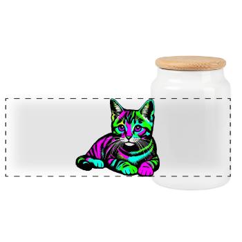 Cat - Panoramic Cookie Jar with Wooden Lid - white - Front