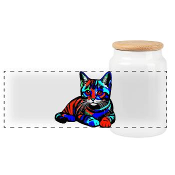 Cat - Panoramic Cookie Jar with Wooden Lid - white - Front