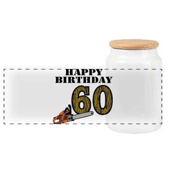 60e anniversaire, tronçonneuse joyeux anniversaire (25) - Boîte à biscuits avec couvercle en bois - blanc - Devant