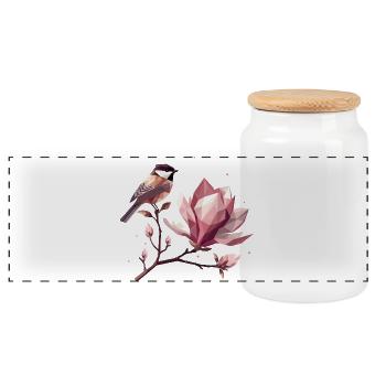 Bird on Magnolia Branch – Harmonic Composition - Panoramic Cookie Jar with Wooden Lid - white - Front