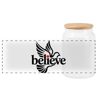 believe pigeon - Panoramic Cookie Jar with Wooden Lid - white - Front
