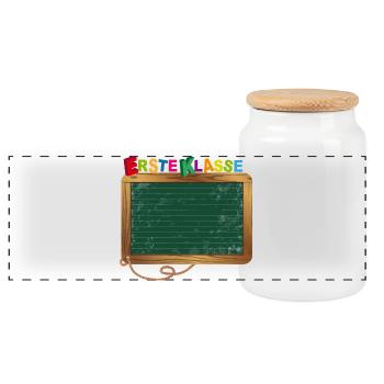 Leere Schultafel zum Beschriften für Schulanfang - Panorama Keksdose mit Holzdeckel - Weiß - Vorne