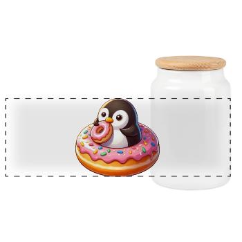 Cute Penguin with Donut Cartoon Funny - Panoramic Cookie Jar with Wooden Lid - white - Front