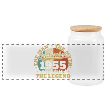 Vintage September 1955 Birthday Gift 70 Year - Panoramic Cookie Jar with Wooden Lid - white - Front