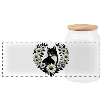 Elegantes schwarzes Katzen-Blumenherz - Panorama Keksdose mit Holzdeckel - Weiß - Vorne