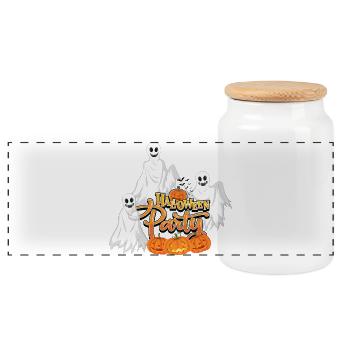 Halloween Party - Ghosts and Pumpkins - Panoramic Cookie Jar with Wooden Lid - white - Front