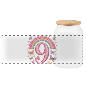 Regenbogen Schmetterling 9. Geburtstag Mädchen - Panorama Keksdose mit Holzdeckel - Weiß - Vorne