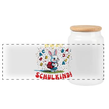 Cute bunny motif for the start of school - Panoramic Cookie Jar with Wooden Lid - white - Front
