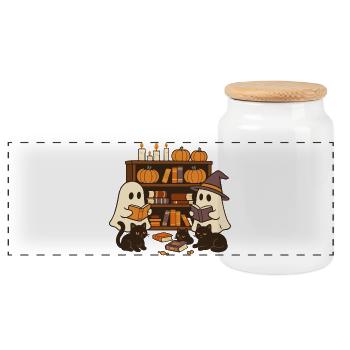 Halloween Geister lesen Bücher - Panorama Keksdose mit Holzdeckel - Weiß - Vorne