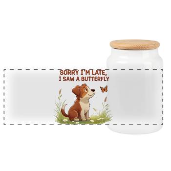 Motif de chien humoristique avec papillon - Boîte à biscuits avec couvercle en bois - blanc - Devant