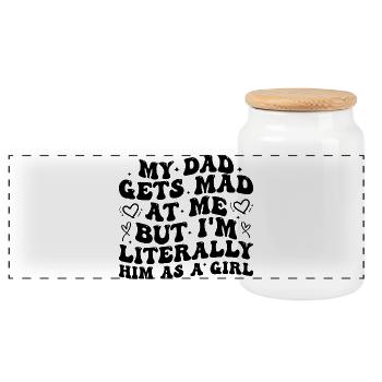 dad gets mad at me but I'm Literally him as a Girl - Panoramic Cookie Jar with Wooden Lid - white - Front