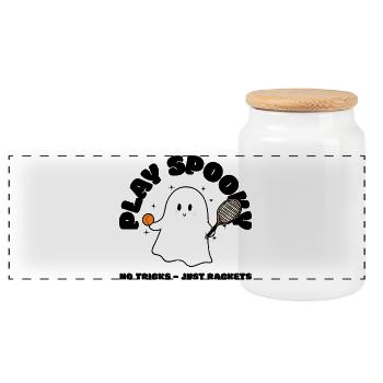 Cute Halloween Tennis Ghost Ghost Tennis Player - Panoramic Cookie Jar with Wooden Lid - white - Front