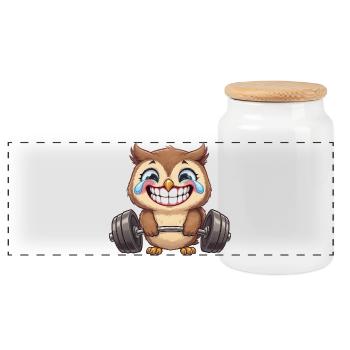 hibou fort avec haltère fitness séance d’entraînement dessin animé - Boîte à biscuits avec couvercle en bois - blanc - Devant