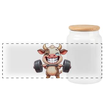 Strong cow with dumbbell fitness bodybuilding workout - Panoramic Cookie Jar with Wooden Lid - white - Front