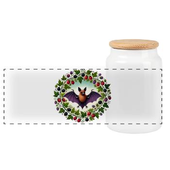 Whimsical Bat and Berry Motif - Panoramic Cookie Jar with Wooden Lid - white - Front