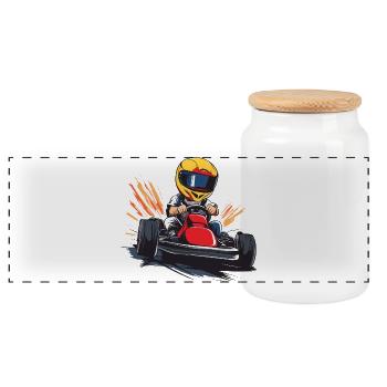 Rennfahrer Cartoon Design - Panorama Keksdose mit Holzdeckel - Weiß - Vorne