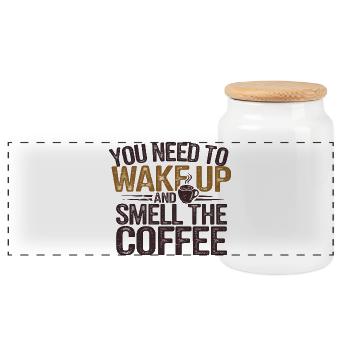 Motivational Coffee Wake Up Quote - Panoramic Cookie Jar with Wooden Lid - white - Front