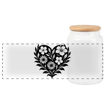 Flower Heart - Floral Heart on Black - Panoramic Cookie Jar with Wooden Lid - white - Front