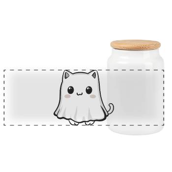 Cat Halloween Ghost - Panoramic Cookie Jar with Wooden Lid - white - Front