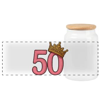 50. Geburtstag Frau Gold Krone Geschenkidee - Panorama Keksdose mit Holzdeckel - Weiß - Vorne