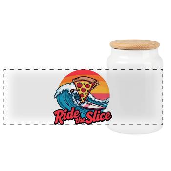 Ride the Slice – Surfing Pizza - Panorama Keksdose mit Holzdeckel - Weiß - Vorne
