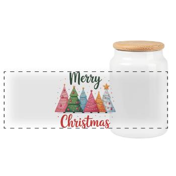 Colorful Christmas Trees with Merry Christmas - Panoramic Cookie Jar with Wooden Lid - white - Front