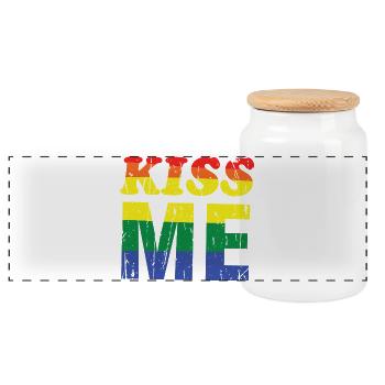 Kiss Me Regenbogen Retro-Schrift - Panorama Keksdose mit Holzdeckel - Weiß - Vorne