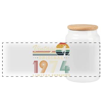 Original 1974 Vintage Retro Geburtstagsgeschenk - Panorama Keksdose mit Holzdeckel - Weiß - Vorne