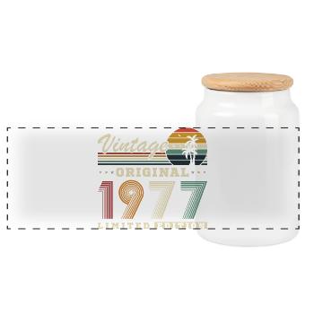 Original 1977 Vintage Retro Geburtstagsgeschenk - Panorama Keksdose mit Holzdeckel - Weiß - Vorne