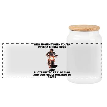 Moto Rider Dark Laughter - Panoramic Cookie Jar with Wooden Lid - white - Front