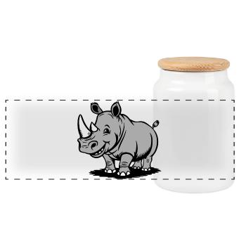 Witziger Rhino Cartoon im Graustil - Panorama Keksdose mit Holzdeckel - Weiß - Vorne