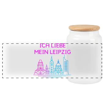 Ich liebe mein Leipzig Neon Skyline - Panorama Keksdose mit Holzdeckel - Weiß - Vorne