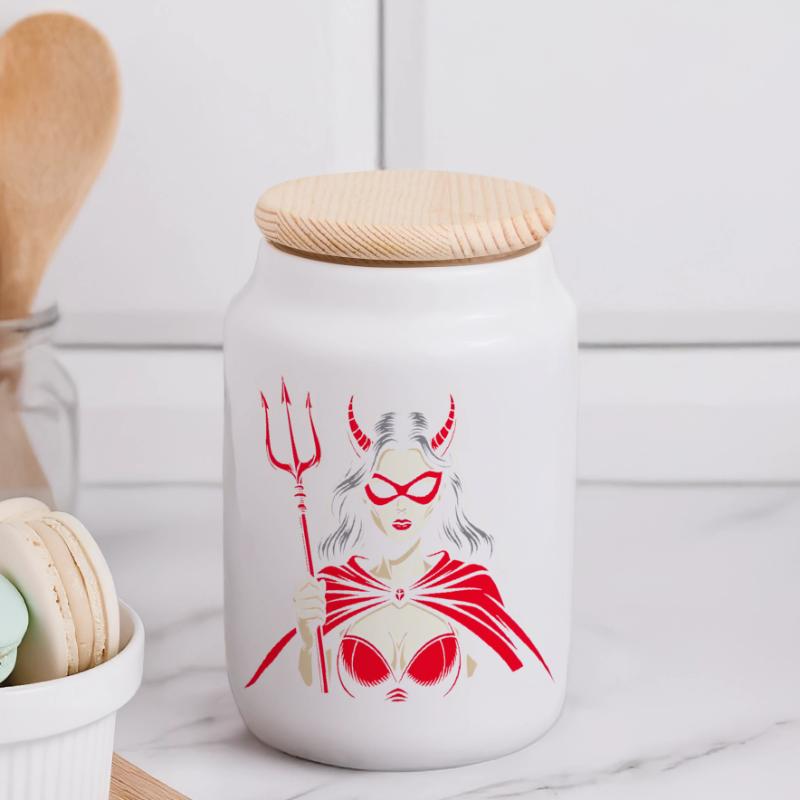 Devil Trident Hell Devil Woman Woman Devil Panoramic Cookie Jar with Wooden Lid