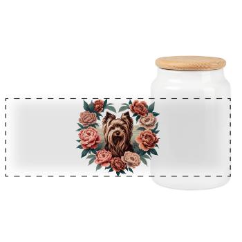 Floral Terrier in Peony Frame - Panoramic Cookie Jar with Wooden Lid - white - Front