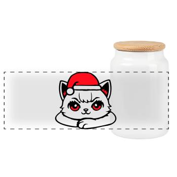 Cat Confident Santa Hat Cute Kitten - Panoramic Cookie Jar with Wooden Lid - white - Front
