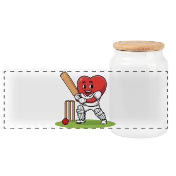 Mascotte de cœur de cricket avec batte et balle - Boîte à biscuits avec couvercle en bois - blanc - Devant